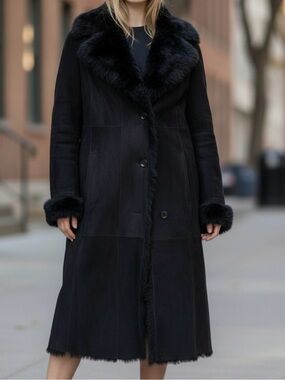 Wilsons Leather Women's Black Long Shearling Trench Coat with Fur Trim